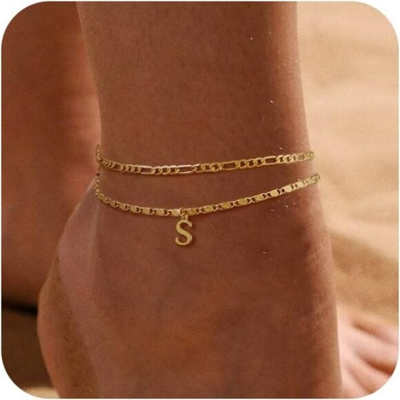 Jewelry - Initial Ankle Bracelets for Women,Layered Waterproof Anklet for Women 14K Gold F